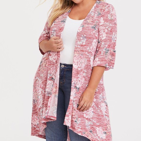 TORRID Plus Size 0 Kimono Hi Lo Duster Sweater Cardigan Rose Floral Print Womens - Picture 2 of 5